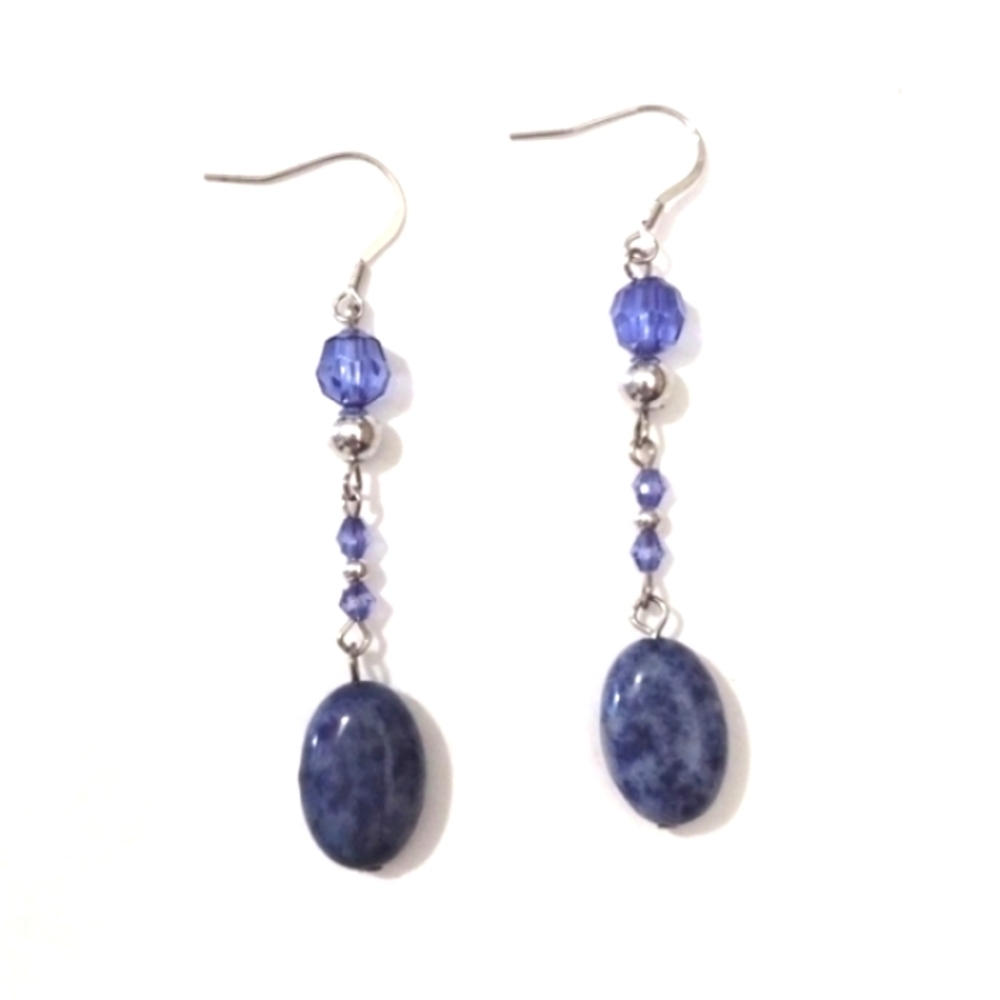 VINTAGE SODALITE AND BLUE CRYSTAL SILVER-TONE DANGLE HOOK 3" EARRINGS